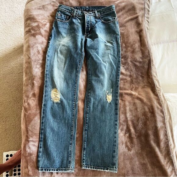 4 Stroke Denim Men's Blue Distressed Jeans Button Up Size 32/34 - Picture 2 of 14